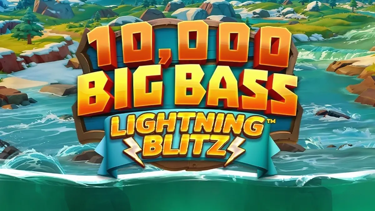 Tampilan layar permainan slot 10,000 Big Bass Lightning Blitz dengan tema memancing yang intens.