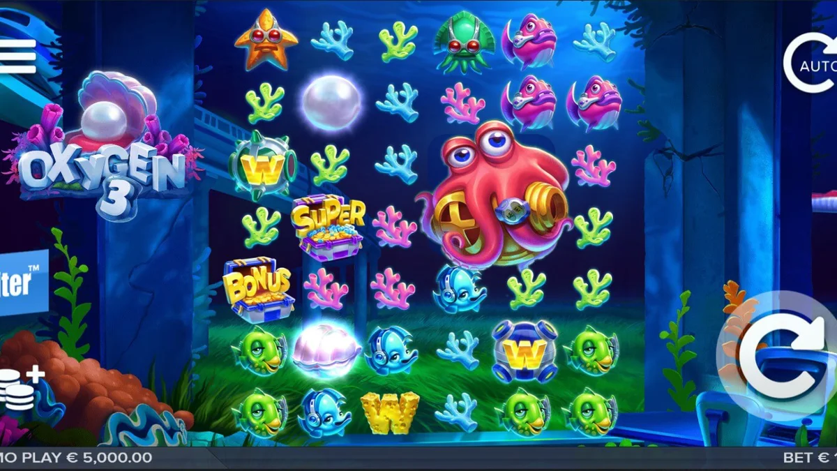 Tampilan visual slot Oxygen 3 dengan latar belakang reruntuhan bawah laut yang futuristik